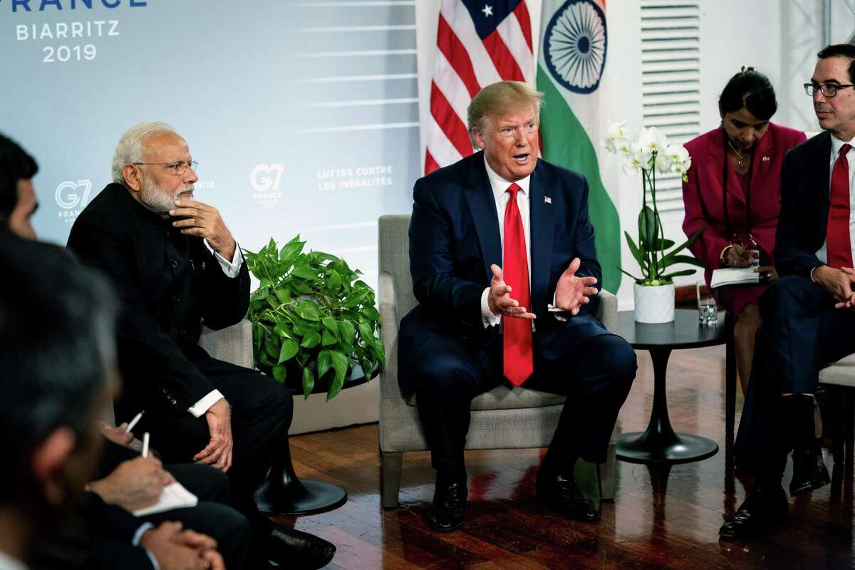 President Donald Trump meets with Prime Minster Narendra Modi of India at the G7 summit in Biarritz, France on Monday, Aug. 26, 2019. Modi declined Trump’s offer to mediate India's dispute with Pakistan over Kashmir. (Erin Schaff/The New York Times)