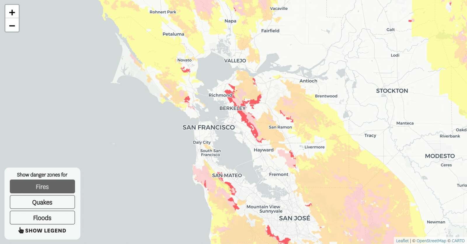 Interactive Map California danger zones for earthquakes, fires, floods