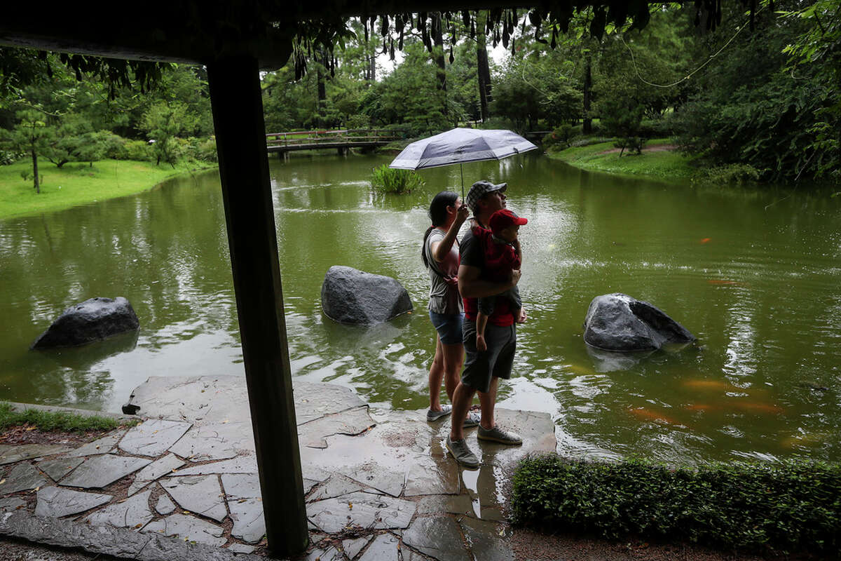 Ryan Mulligan, center, his wife Noon Mulligan and their 17-month-old son Kalin look up to the sky as the spend part of their afternoon in the Japanese Garden in Hermann Park on Tuesday, Sept. 17, 2019, in Houston. "It's been so hot, just a reprieve from the heat," Ryan Mulligan said when asked why the family came out in the rain.