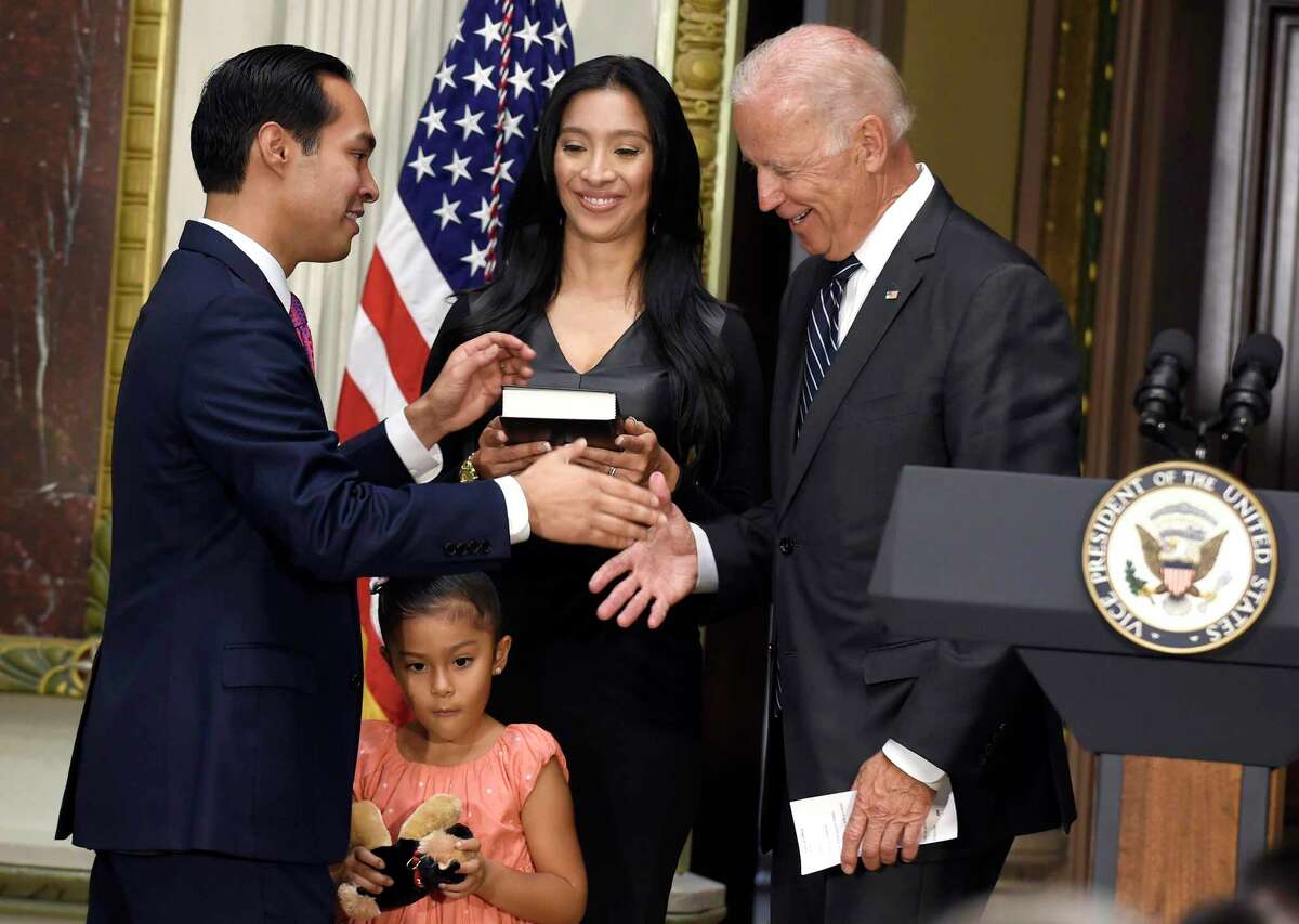 In happier days, Vice President Joe Biden swears in former San Antonio Mayor Julián Castro as HUD secretary in 2014. Too much has been made about their recent debate exchange. That’s the reality show nature of debates — jsut think back to Lloyd Bentsent and Dan Quayle, below.