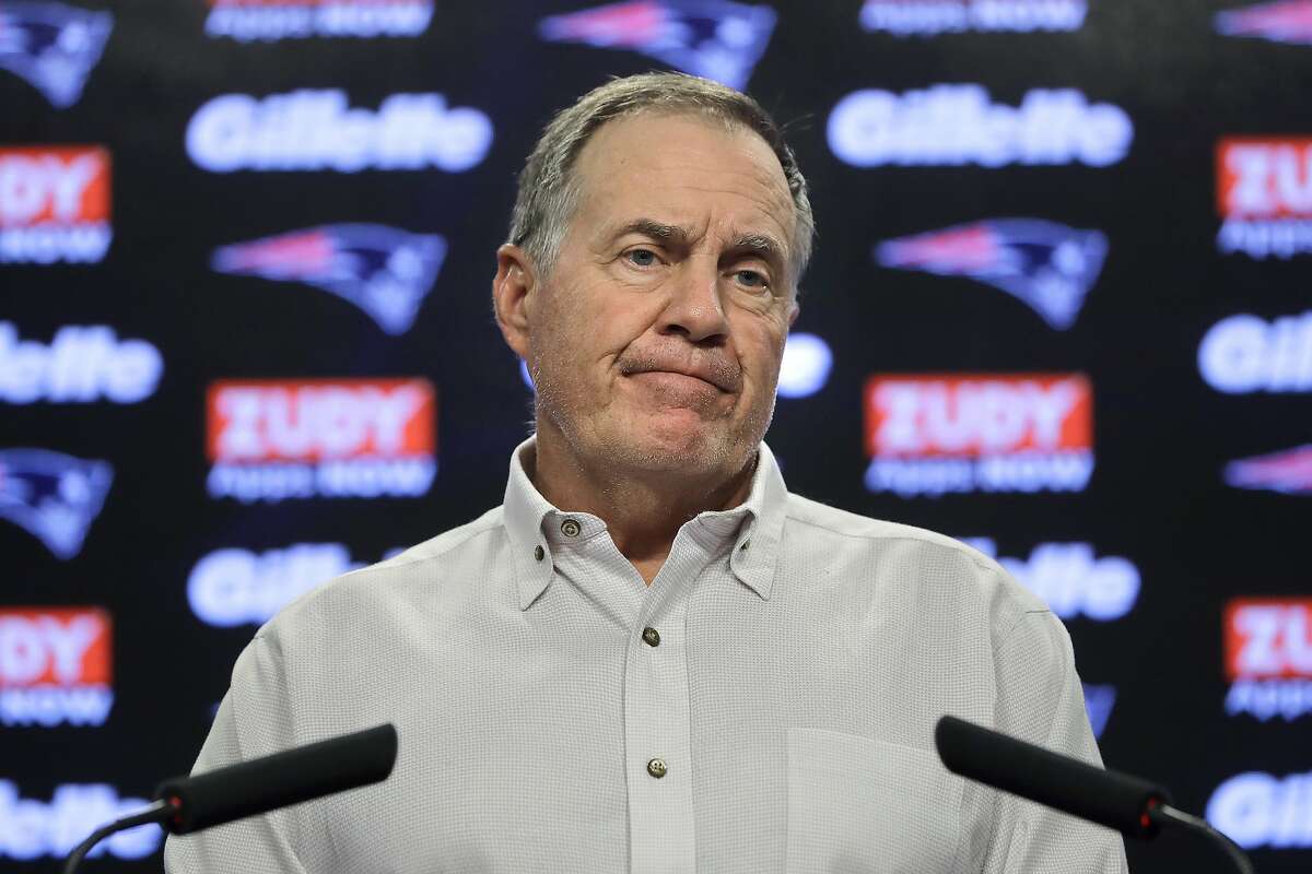 New England Patriots head coach Bill Belichick takes questions from reporters about wide receiver Antonio Brown during a media availability before NFL football practice, Wednesday, Sept. 11, 2019, in Foxborough, Mass. (AP Photo/Steven Senne)