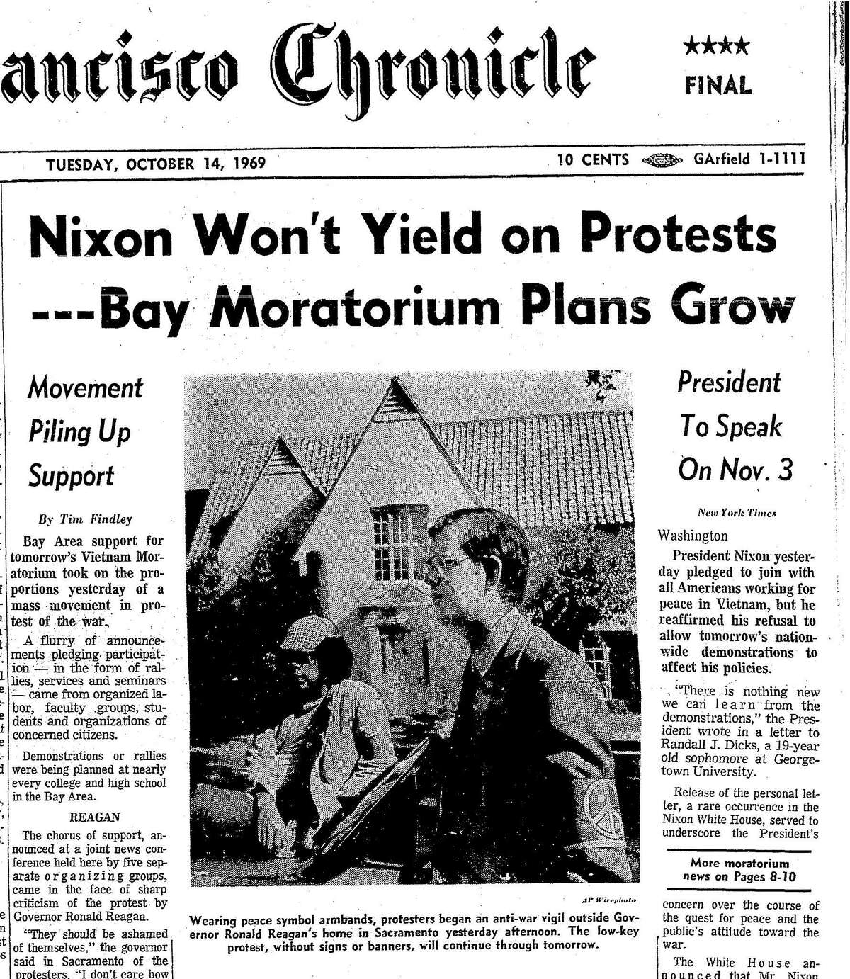 1969年10月14日的头版纪事报道即将到来的暂停日反战抗议。