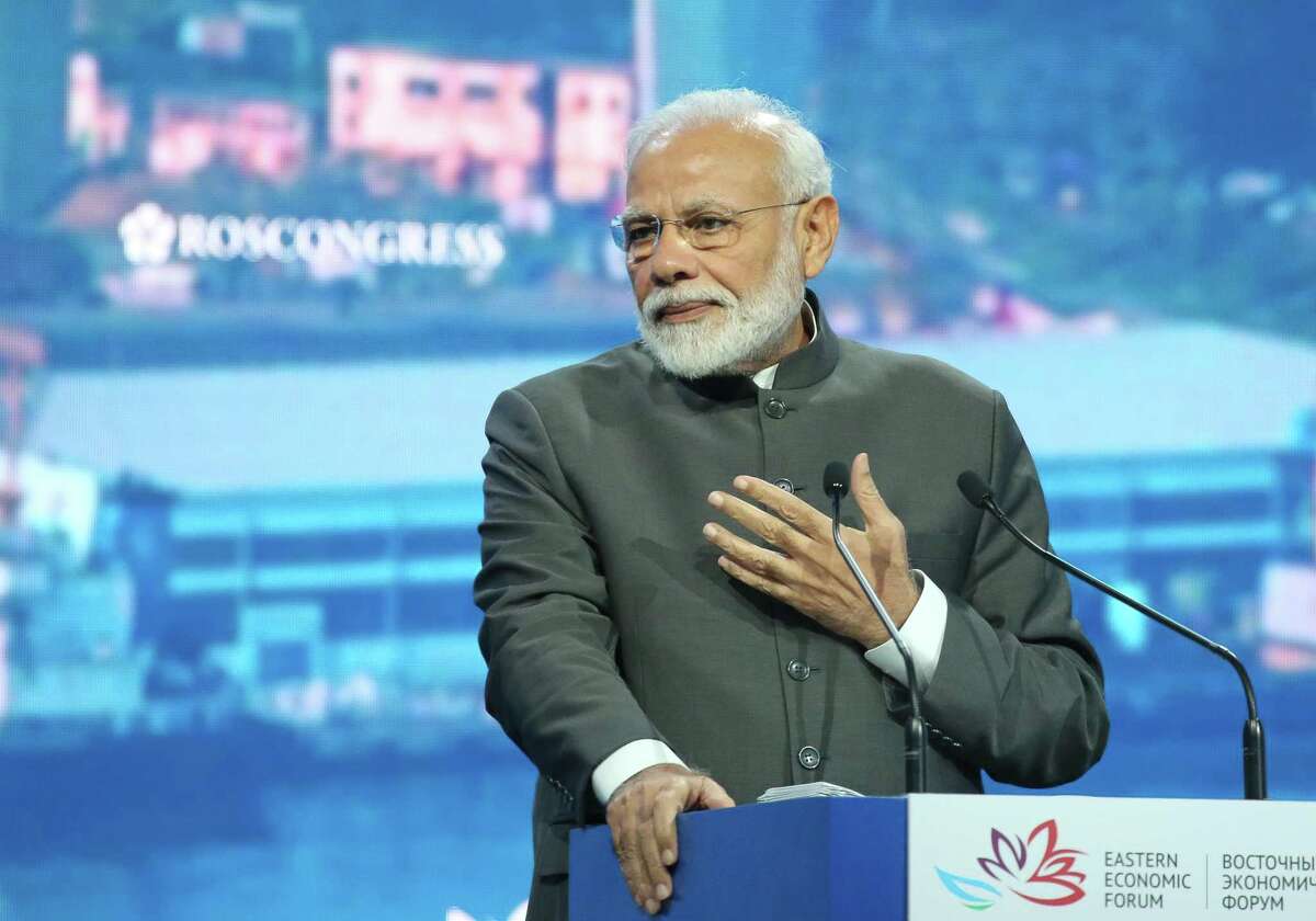 Narendra Modi, India's prime minister, gestures as he speaks during a plenary session on day two of the Eastern Economic Forum in Vladivostok, Russia. Modi will be in Houston this weekend for the ‘Howdy, Modi!” event at NRG Staidum.