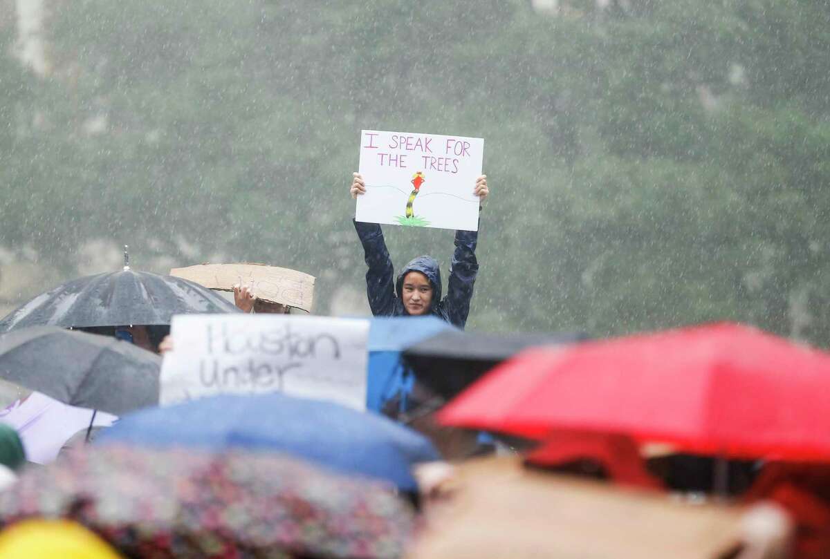 Sarah Szafranski, 17, a senior Bellaire High School, holds up a sign quoting Dr. Suess' The Lorax during the Houston Climate Strike at City Hall on Friday, Sept. 20, 2019 in Houston.