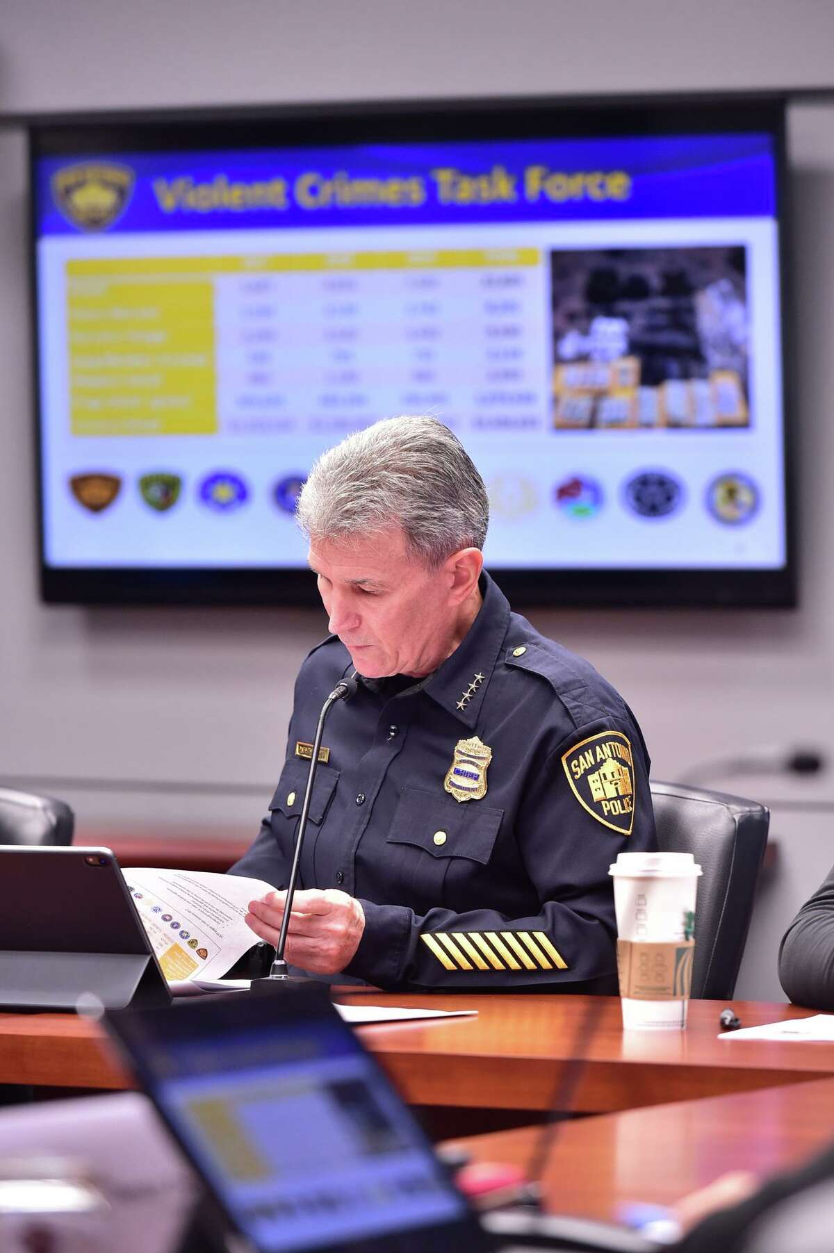 Police Chief William McManus looks over his notes prior to meeting with the City Council’s public safety committee. Major crimes decreased by 16 percent in 2018, compared with 2017.