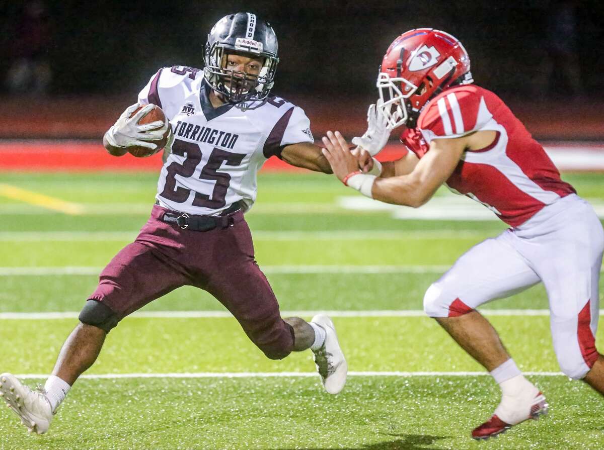 (John Vanacore/For Hearst Connecticut Media) The Red Raiders of Derby played host to the Red Raiders of Torrington Friday, Septermber 20, 2019. The game was the first under the lights on the all new DeFillipo Field.