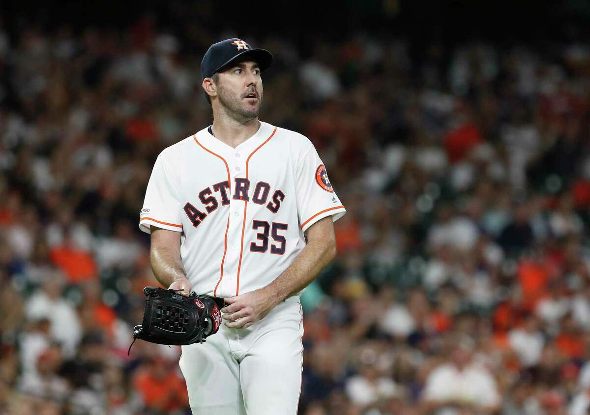 Houston Astros starting pitcher Justin Verlander (35) reacts after striking out Texas Rangers Nick Solak to end the fourth inning of an MLB baseball game at Minute Maid Park, Tuesday, Sept. 17, 2019, in Houston.