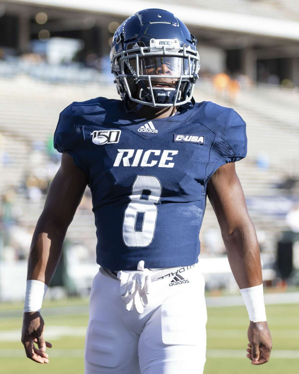 Rice receiver Cameron Montgomery (8) warms up before a college football game against Baylor Saturday, Sep 21, 2019, in Houston.