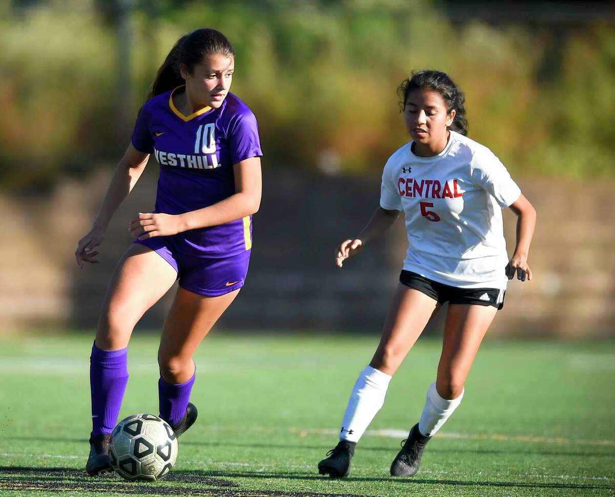 Westhill’s Sofia Romero, left, scored a hat trick in a 5-0 win over Bridgeport Central.