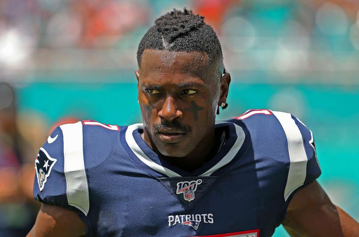 New England Patriots wide receiver Antonio Brown looks on before the start of a game against the Miami Dolphins at Hard Rock Stadium in Miami Gardens, Fla., on September 15 2019. (David Santiago/Miami Herald/TNS)