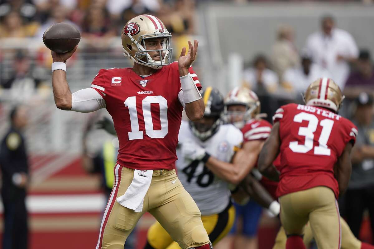 San Francisco 49ers quarterback Jimmy Garoppolo (10) passes against the Pittsburgh Steelers during the first half of an NFL football game in Santa Clara, Calif., Sunday, Sept. 22, 2019. (AP Photo/Tony Avelar)