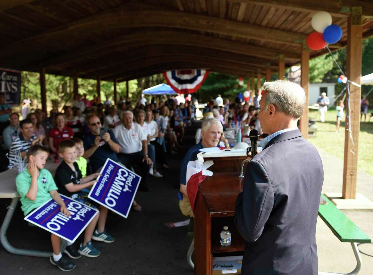 First Selectman candidate Fred Camillo attends the Greenwich Republican Town Committee annual clambake at Greenwich Point Park's Clambake Area in Old Greenwich, Conn. Sunday, Sept. 22, 2019. Local GOP elected officials and candidates gathered to drum up support for the party in preparation for the upcoming election on Nov. 5.