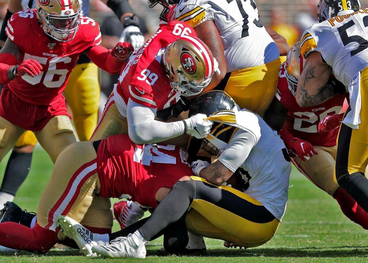 The 49ers defense engulfs James Conner (30) on a carry In the third quarter as the San Francisco 49ers played the Pittsburgh Steelers at Levi’s Stadium in Santa Clara, Calif., on Sunday, September 22, 2019.