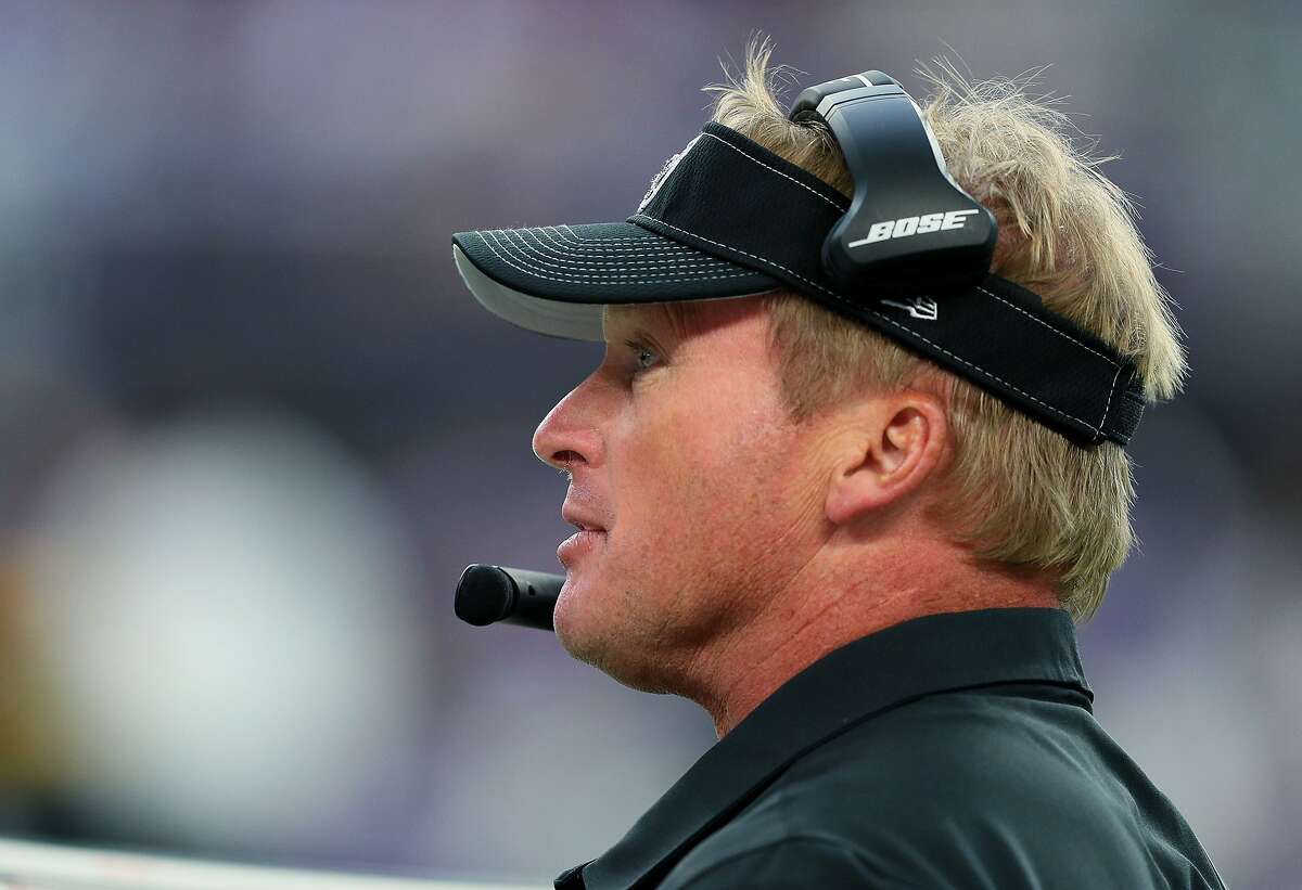 MINNEAPOLIS, MN - SEPTEMBER 22: Head coach Jon Gruden of the Oakland Raiders in the fourth quarter at U.S. Bank Stadium on September 22, 2019 in Minneapolis, Minnesota. The Minnesota Vikings defeated the Oakland Raiders 34-14.(Photo by Adam Bettcher/Getty Images)