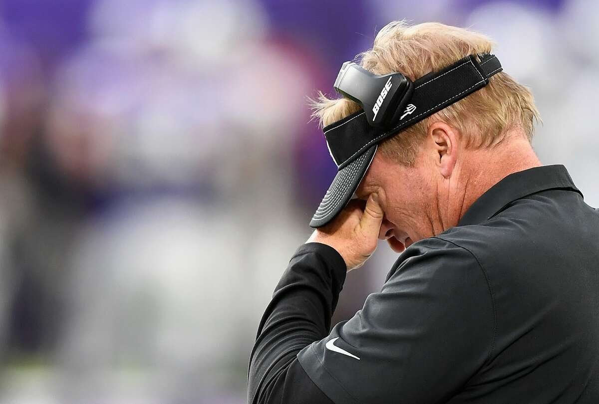MINNEAPOLIS, MINNESOTA - SEPTEMBER 22: Head coach Jon Gruden of the Oakland Raiders looks on during the fourth quarter of the game against the Minnesota Vikings at U.S. Bank Stadium on September 22, 2019 in Minneapolis, Minnesota. The Vikings defeated the Raiders 34-14. (Photo by Hannah Foslien/Getty Images)