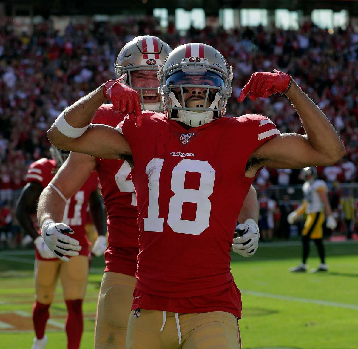 Santa Clara, California, USA. 19th Jan, 2020. San Francisco 49ers  quarterback Jimmy Garoppolo (10) and fullback Kyle Juszczyk (44) pregame on  Sunday, January 19, 2020, at Levis Stadium in Santa Clara, California.