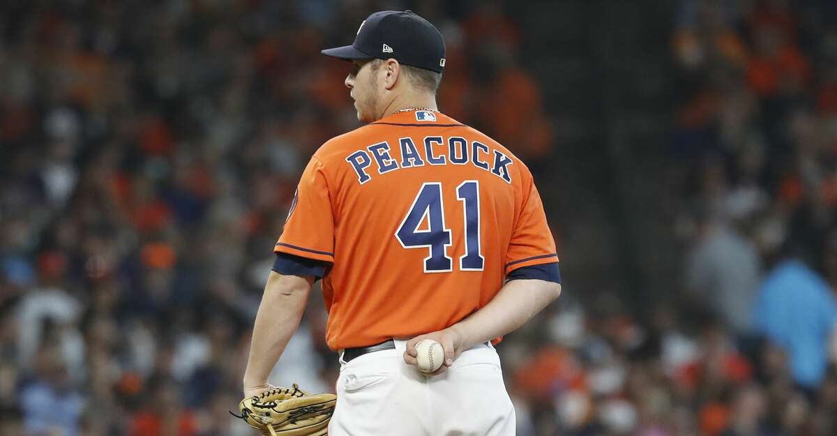 Houston Astros Brad Peacock pitches in the sixth inning of an MLB baseball game at Minute Maid Park, Sunday, Sept. 22, 2019, in Houston.