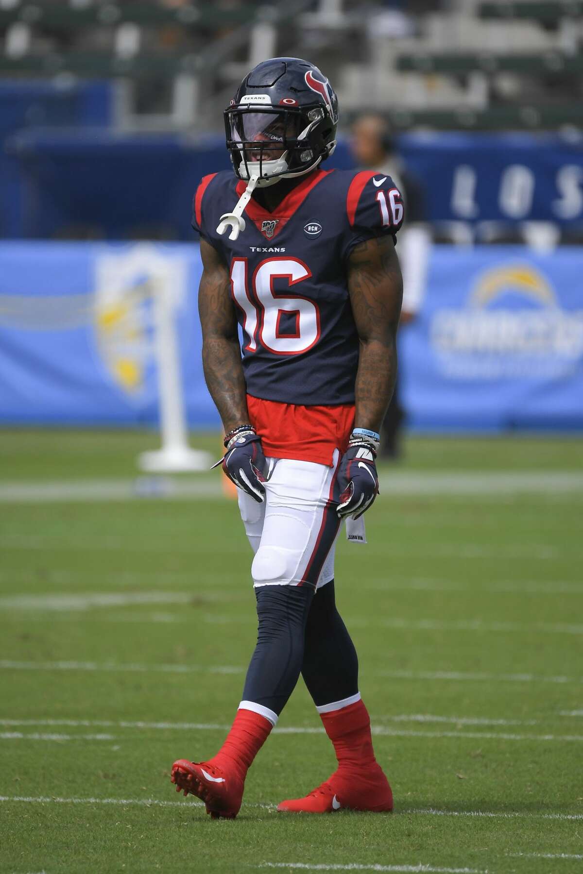 Houston Texans wide receiver DeAndre Hopkins (10) on the field during  warm-ups before an NFL football game against the Los Angeles Chargers,  Sunday, September 22, 2019 in Carson, Calif. The Texans defeated