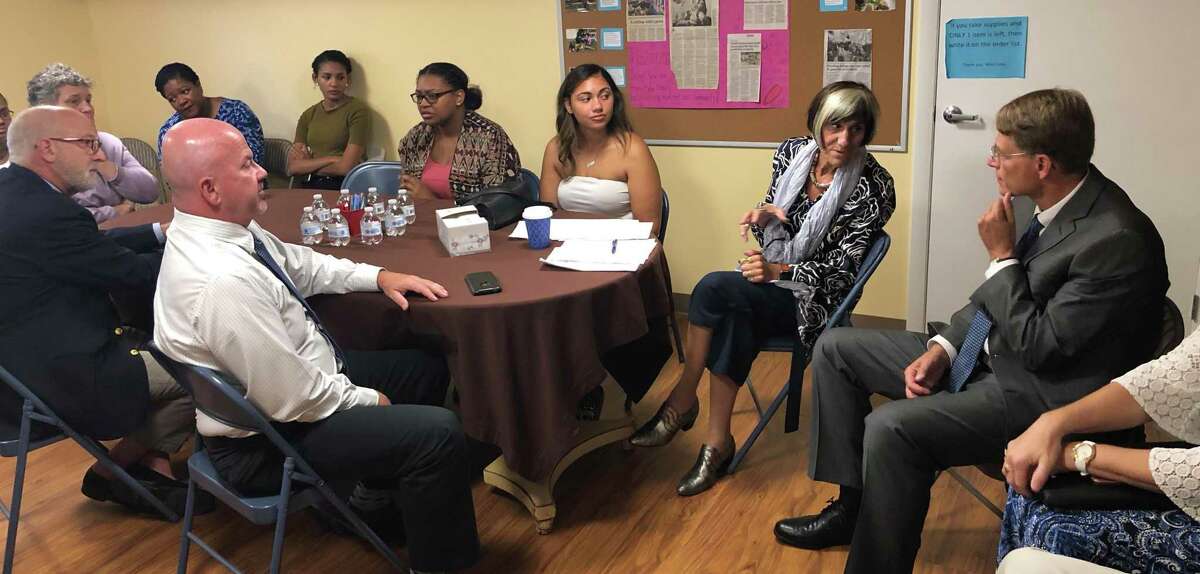 Rep. Rosa DeLauro, D-3, speaks with parents and officials at Stratford’s Honey Bear Learning Center Sept. 24, 2019.