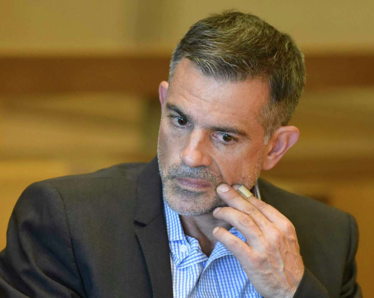 Fotis Dulos appears at the Connecticut Superior Court in Stamford, Conn. Monday, Sept. 23, 2019. Dulos, who was twice charged with evidence tampering in relation to the disappearance of his ex-wife Jennifer Farber Dulos, was back in court Monday to address issues with his GPS monitoring device. The device must be charged at the same time every day and has dipped below a 25 percent battery charge at least four times in the past month.