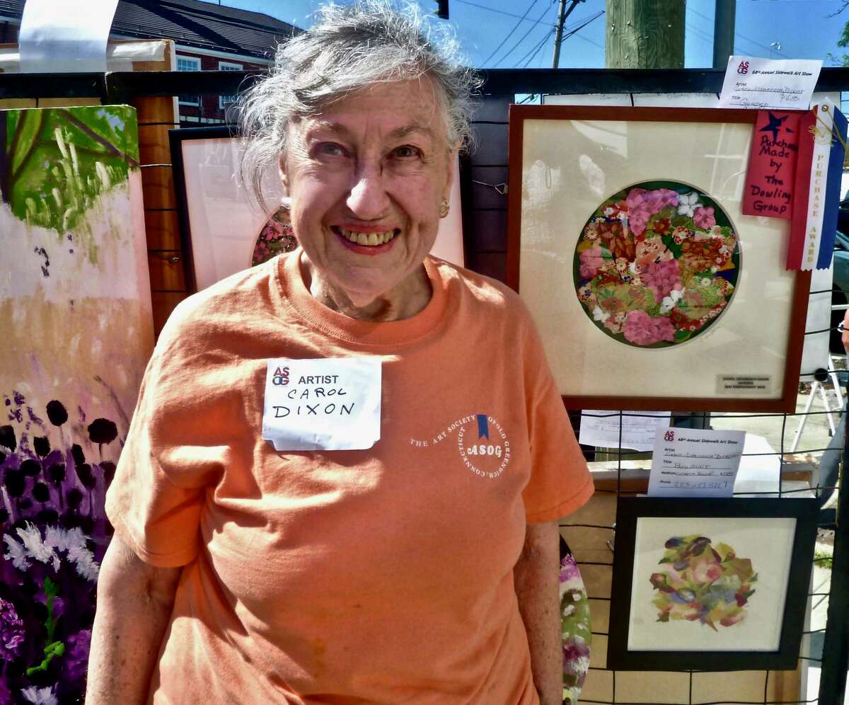 Two ASOG member artists in the 2019 Art Society of Old Greenwich Sidewalk Art Show, which took place on September 14 and 15, received special awards given by the Dowling Group, a financial services company in Greenwich. Carol Nipomnich Dixon, pictured, won the Dowling Group Award for her embroidered collage, “Garden,” and Lucie Anderes won the J.M. Dowling CPA Award for her oil painting, “A Bridge at Tod’s Point.”