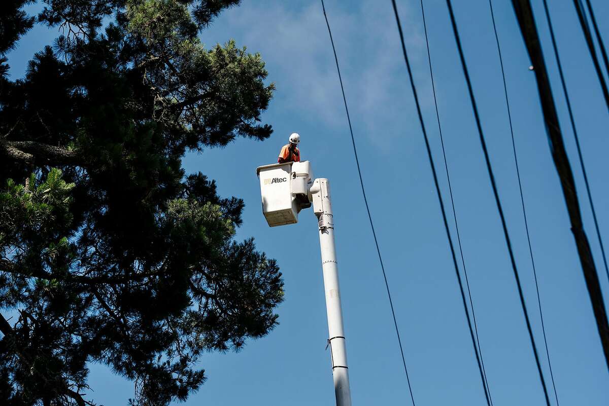 Jose Villeda with Mowbray's Tree Service, contracted by PG&E to handle vegetation management, rides in a cherry picker up to a tree he is preparing to trim back along Skyline Blvd. in Oakland, CA on June 26th, 2019.