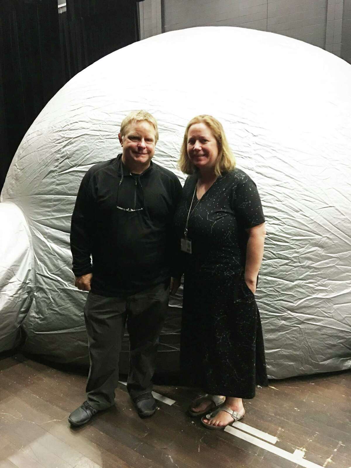 Ridgefield High School Latin I class met with J. R. Condosta, left, physics and astronomy teacher, in his star lab on Monday, Sept. 23 (the autumnal equinox) to explore the stars and their connections to Latin and Roman and Greek mythology. “The students were making great connections and Mr. Condosta was an amazing guest speaker,” said Latin teacher Janice Utsogn, pictured right.