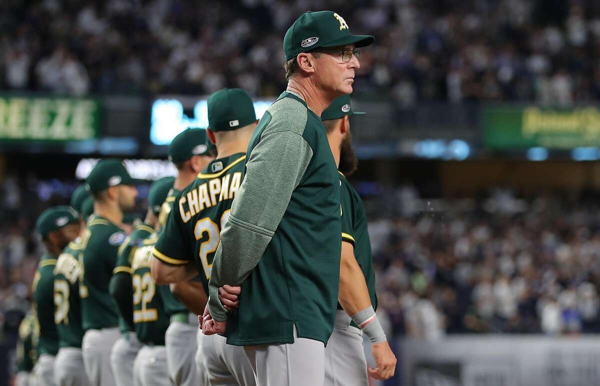 NEW YORK, NY - OCTOBER 3: Bob Melvin #6, manager of the Oakland Athletics, lines up for the national anthem before the American League Wild Card game against the New York Yankees at Yankee Stadium on Wednesday, October 3, 2018 in the Bronx borough of New York City. (Photo by Alex Trautwig/MLB via Getty Images)