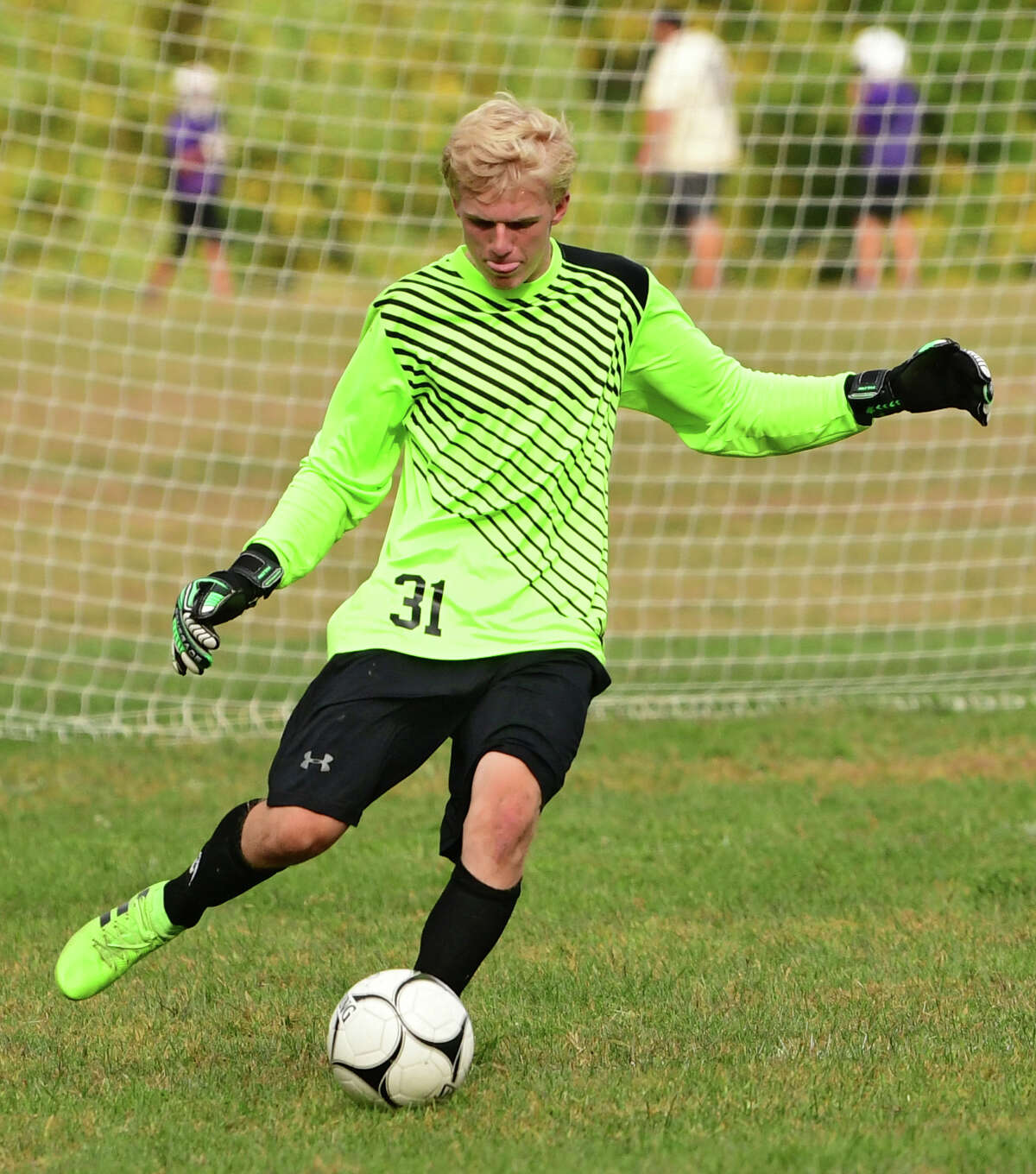 Albany Academy goal keeper Christopher Hanchar kicks the ball during a soccer game against Voorheesville's on Monday, Sept. 23, 2019 in Voorheesville, N.Y. (Lori Van Buren/Times Union)