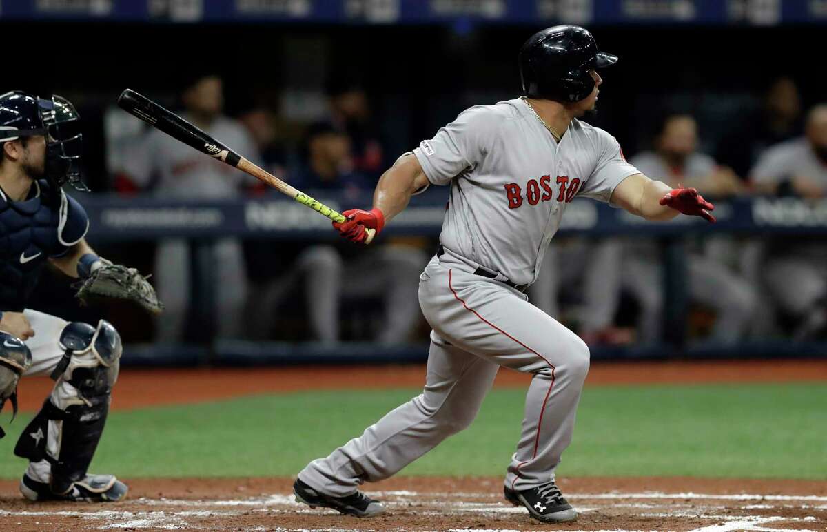 Boston Red Sox's Marco Hernandez follows through on an RBI-double off Tampa Bay Rays starting pitcher Blake Snell during the second inning of a baseball game Monday, Sept. 23, 2019, in St. Petersburg, Fla. Boston's Jackie Bradley Jr. scored on the hit. (AP Photo/Chris O'Meara)