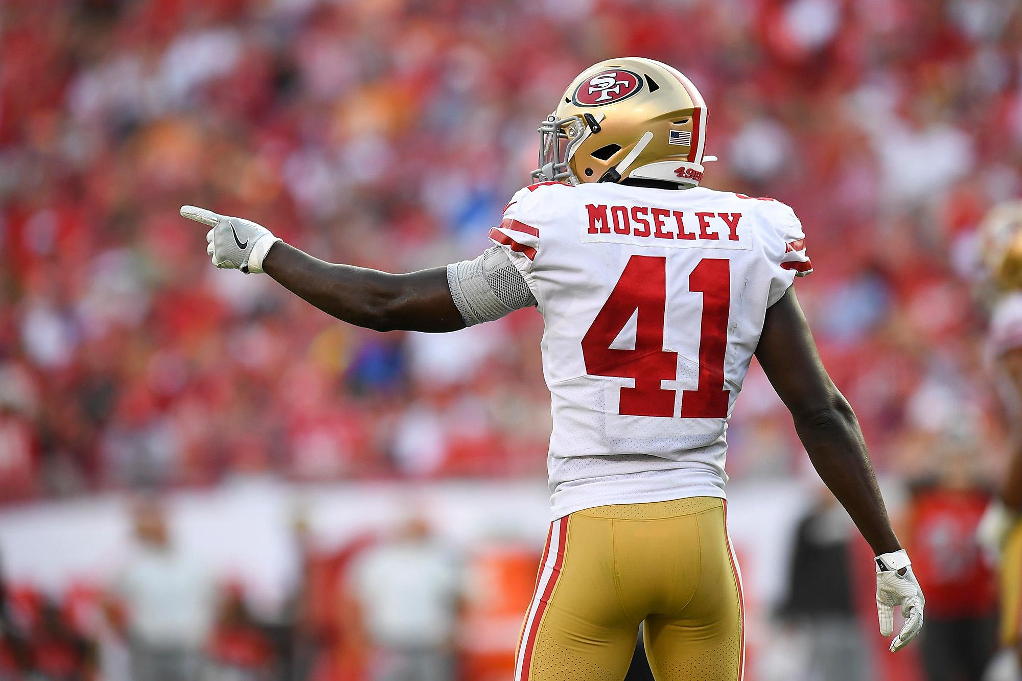 San Francisco 49ers defensive back Emmanuel Moseley (41) is seen wearing  Nike Vapor cleats against the Kansas City Chiefs during Super Bowl 54 on  Feb. 2, 2020, in Miami Gardens, Fla. The