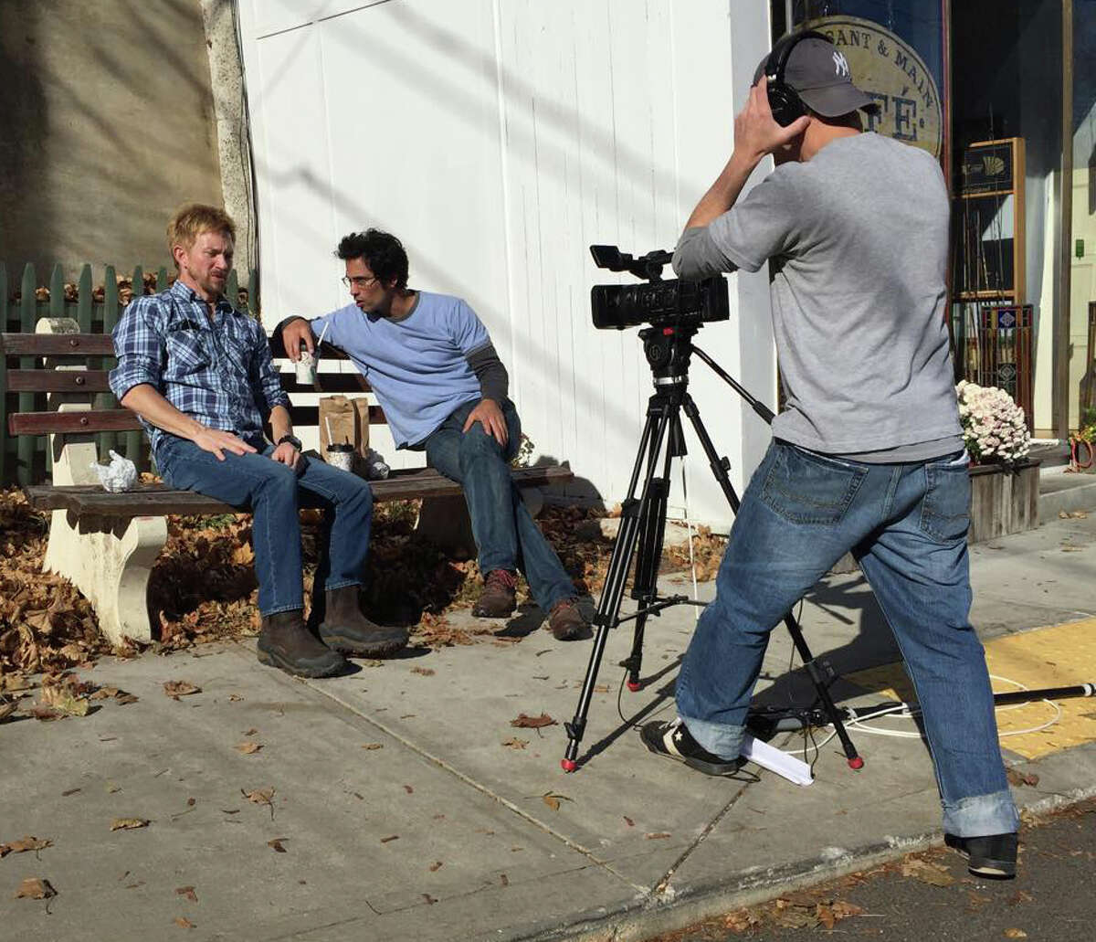 From left, Michael Burnett, David Joseph and, at camera, Billy Hahn shooting a scene from the movie ultra-low-budget movie "Penny Land," shot largely in the Berkshires with regional actors. It is now available on Amazon.com.