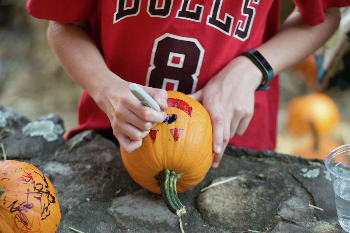 Children decorate pumpkins at Ambler Farm Day on Sunday, Sept. 22, 2019 in Wilton Connecticut.