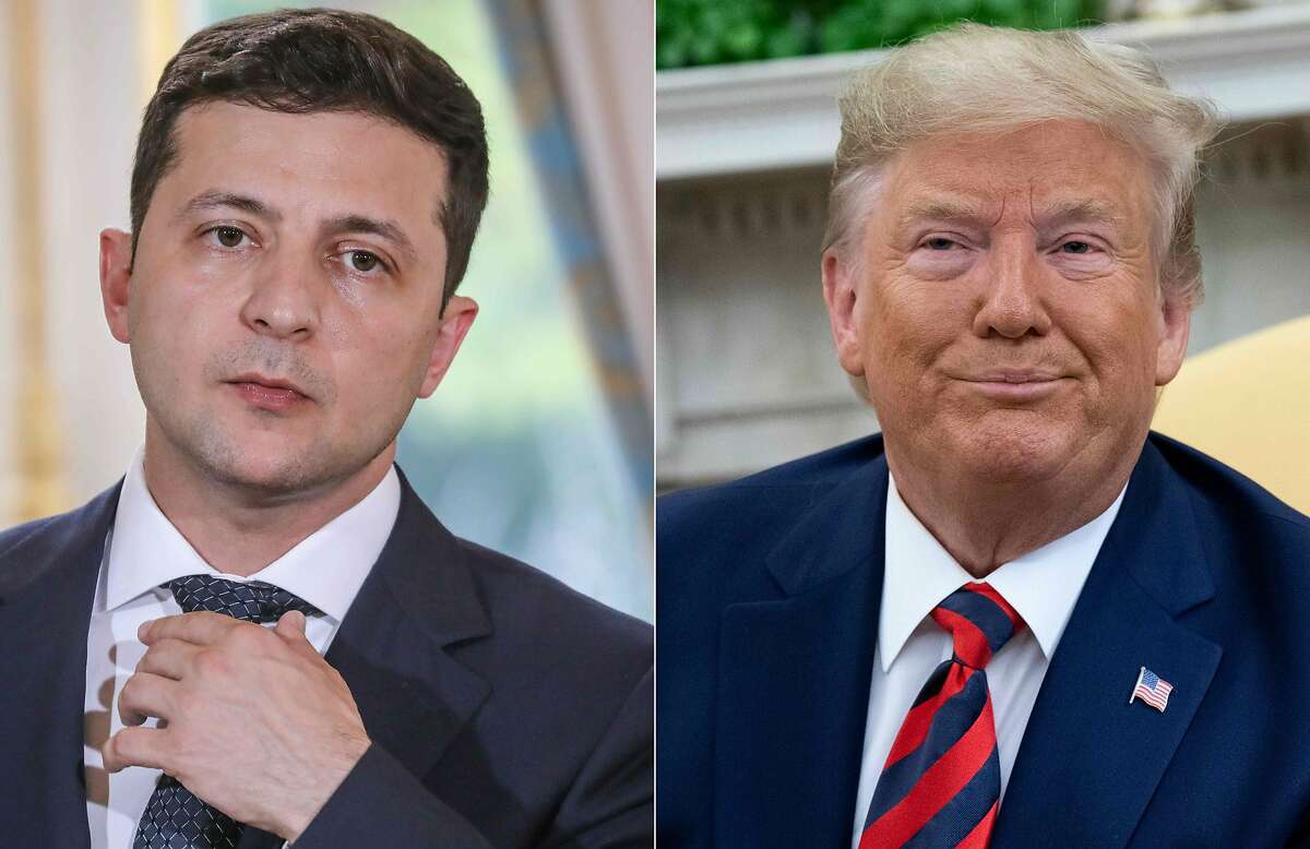(COMBO) This combination of pictures created on September 24, 2019 shows Ukraine's President Volodymyr Zelensky in June 17, 2019 in Paris, and US President Donald Trump during a meeting in the Oval Office at the White House in Washington, DC, September 20, 2019. - US President Donald Trump said on September 24, 2019, he will release the "fully declassified" transcript of a controversial call with Ukraine's president which is fueling Democratic calls for his impeachment. "I am currently at the United Nations representing our Country, but have authorized the release tomorrow of the complete, fully declassified and unredacted transcript of my phone conversation with President Zelensky of Ukraine," Trump tweeted.