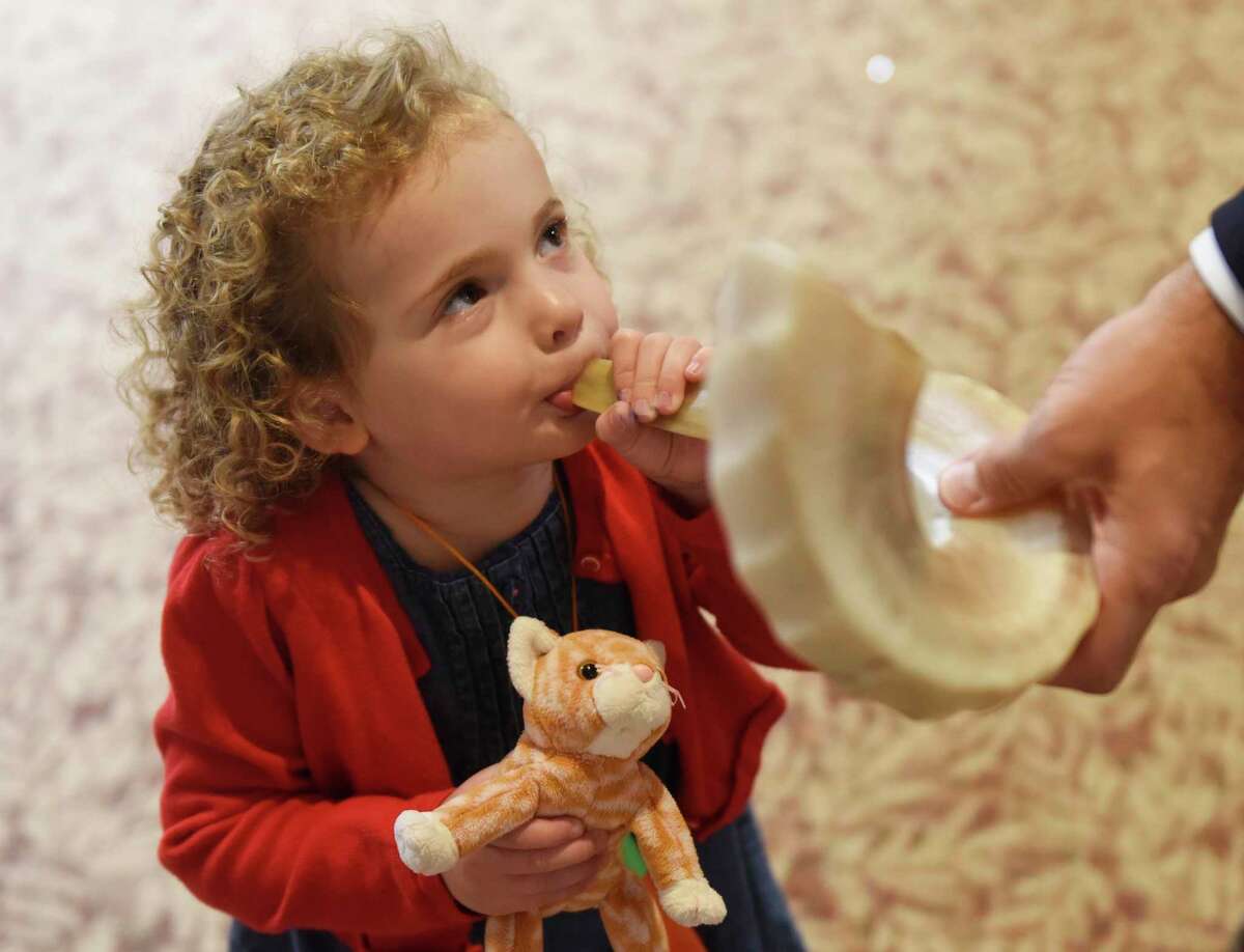 A little girl blows a shofar, an instrument typically made from a ram’s horn that is blown ceremonially at Rosh Hashanah, which is Sept. 29-30 and Yom Kippur, which is Oct. 3. Temple B’nai Chaim will introduce a new prayer book for its High Holy Day family services.