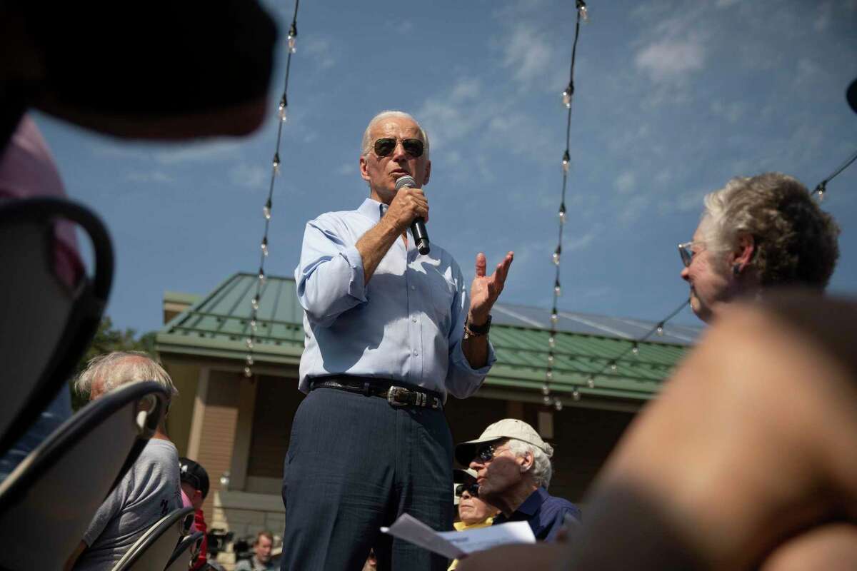Former Vice President Joe Biden, a Democratic presidential candidate, speaks during a town hall event on climate change in Cedar Rapids, Iowa, Sept. 20, 2019. Reports that President Donald Trump sought help from the Ukranian government could offer Biden both opportunities and risks.