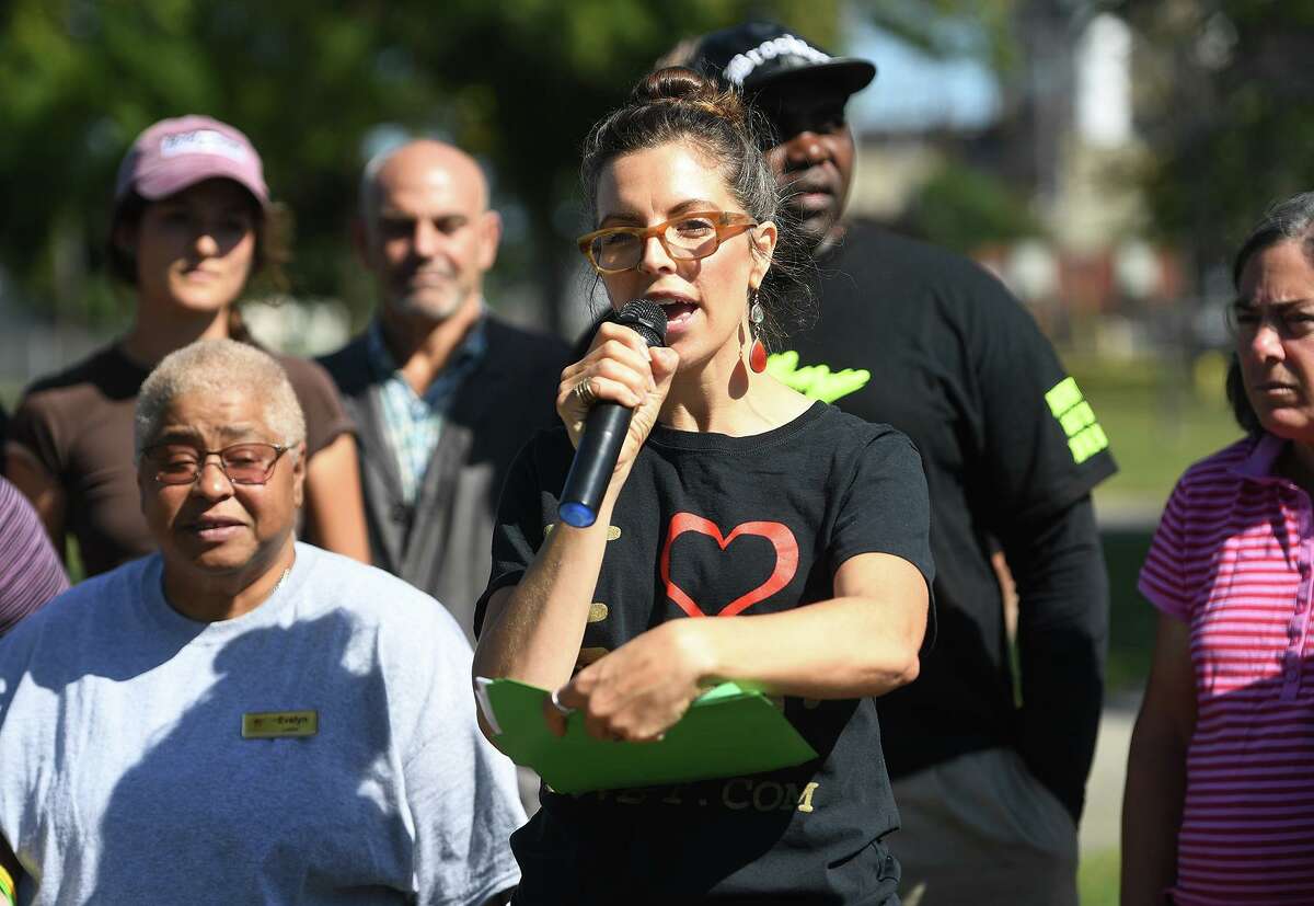 Callie Gale Heilmann, co-director of Bridgeport Generation Now Votes, addresses a lawsuit claiming voter fraud in absentee ballot voting in the Democratic mayoral primary during a press conference at West Side Park in Bridgeport, Conn. on Wednesday, September 25, 2019.
