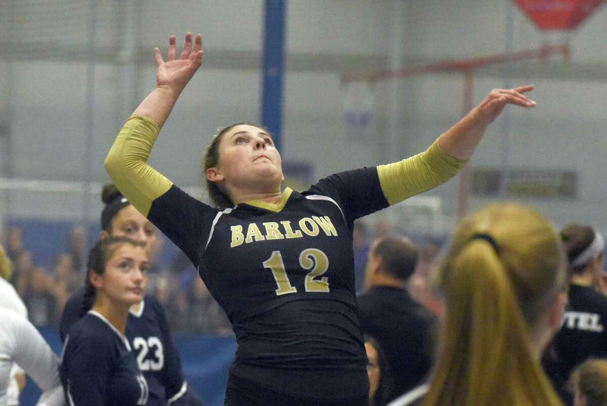 Barlow’s Kayleigh Emanuelson (12) goes up for a shot during the CIAC’s Early Season Block Party Volleyball Tournament at the CT Sports Center in Woodbridge on Saturday, Sept. 14, 2019.