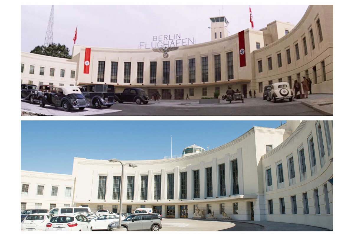 A split-screen of the scene from "Indiana Jones and the Last Crusade" where Indiana and his dad arrive at the Berlin airport (top), and a present day photo of the Treasure Island Administration building (bottom), sans flags. According to Patricia McFadden, who's spent 20 years working as the Treasure Island's Base Closure Manager for the Department of the Navy, the flags were added in post production.