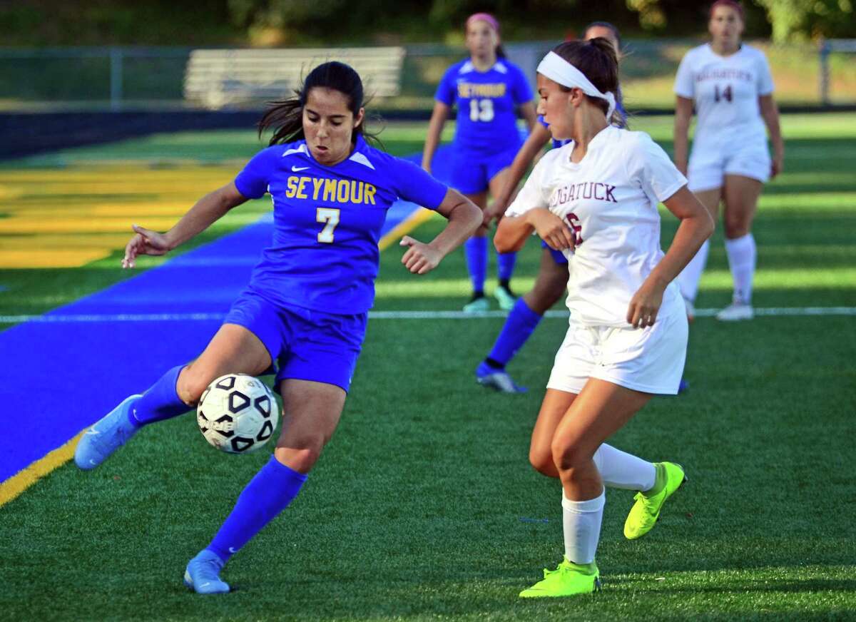 Seymour's Suzana Imetovski (7) intercepts the ball as Naugatuck's Alannah Hernandez (6) converges during girls soccer action in Seymour, Conn., on Wednesday Sept. 25, 2019.