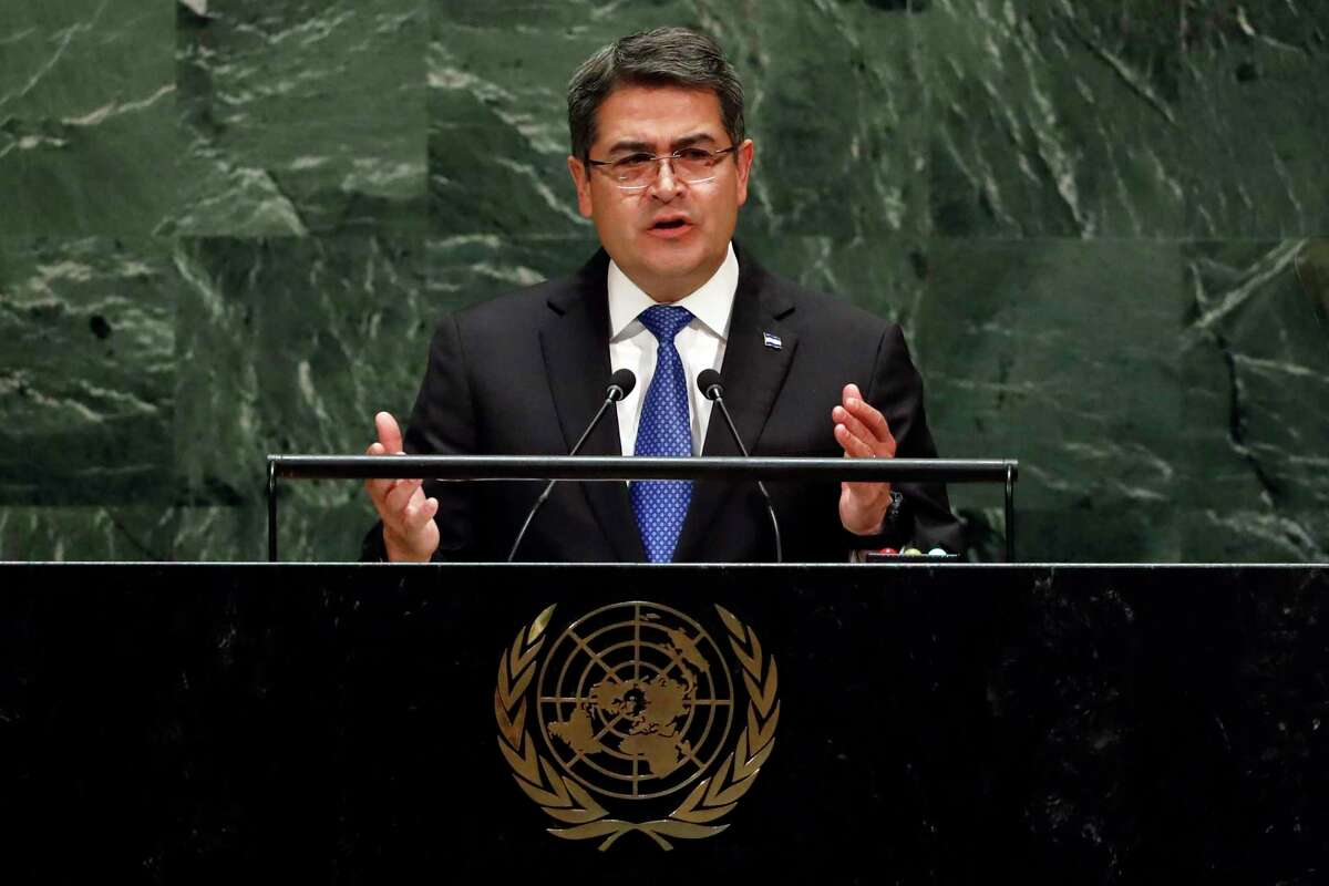 El presidente hondureño Juan Orlando Hernández Alvarado se dirige a la Asamblea General de las Naciones Unidas el miércoles 25 de septiembre de 2019 en la ONU.