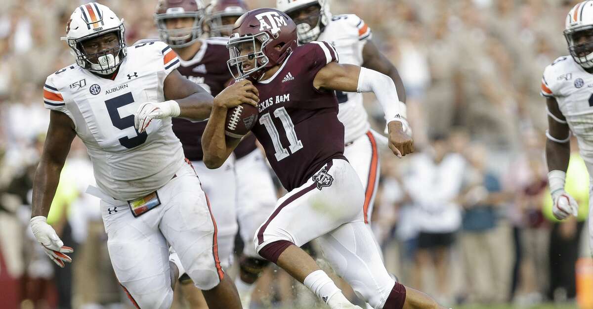 Texas A&M Aggies quarterback Kellen Mond (11) runs the ball against the Auburn Tigers during the fourth quarter of an SEC game at Kyle Field Saturday, Sept. 21, 2019, in College Station, TX. The Tigers won 28-20.