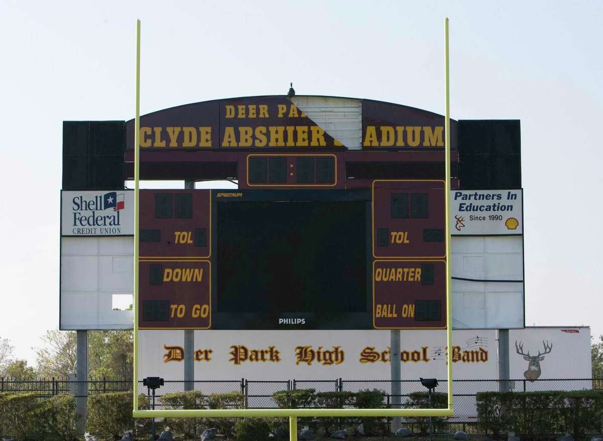 What a storm can do: Deer Park ISD’s Abshier Stadium’s sign reflects Hurricane Ike’s damage in the city in September 2008. City authorities are reminding residents to take necessary steps so they are prepared during this storm season.