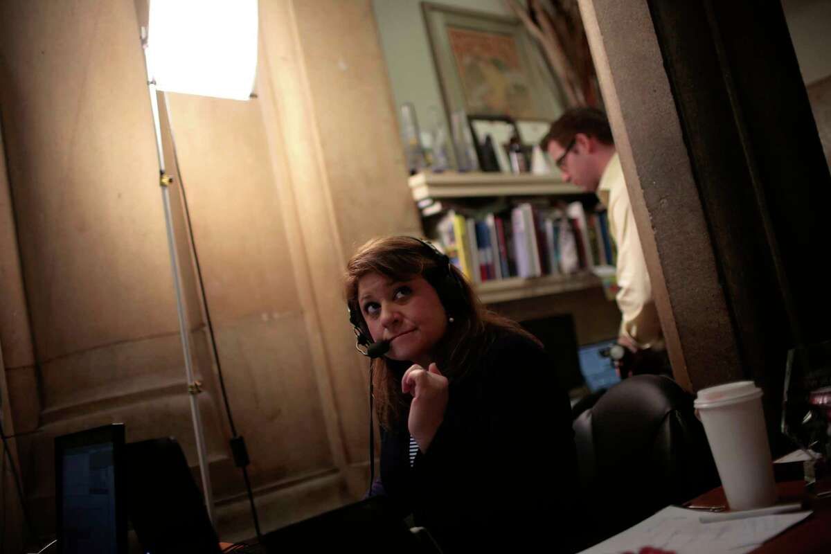 New York public radio host Susan Arbetter conducts a phone interview with Gov. Andrew Cuomo at the state Capitol in Albany, N.Y., April 29, 2013. The governor has stuck to radio as his medium of choice, granting more than 100 interviews on talk radio while avoiding television appearances as much as possible. (Nathaniel Brooks/The New York Times) ORG XMIT: XNYT166