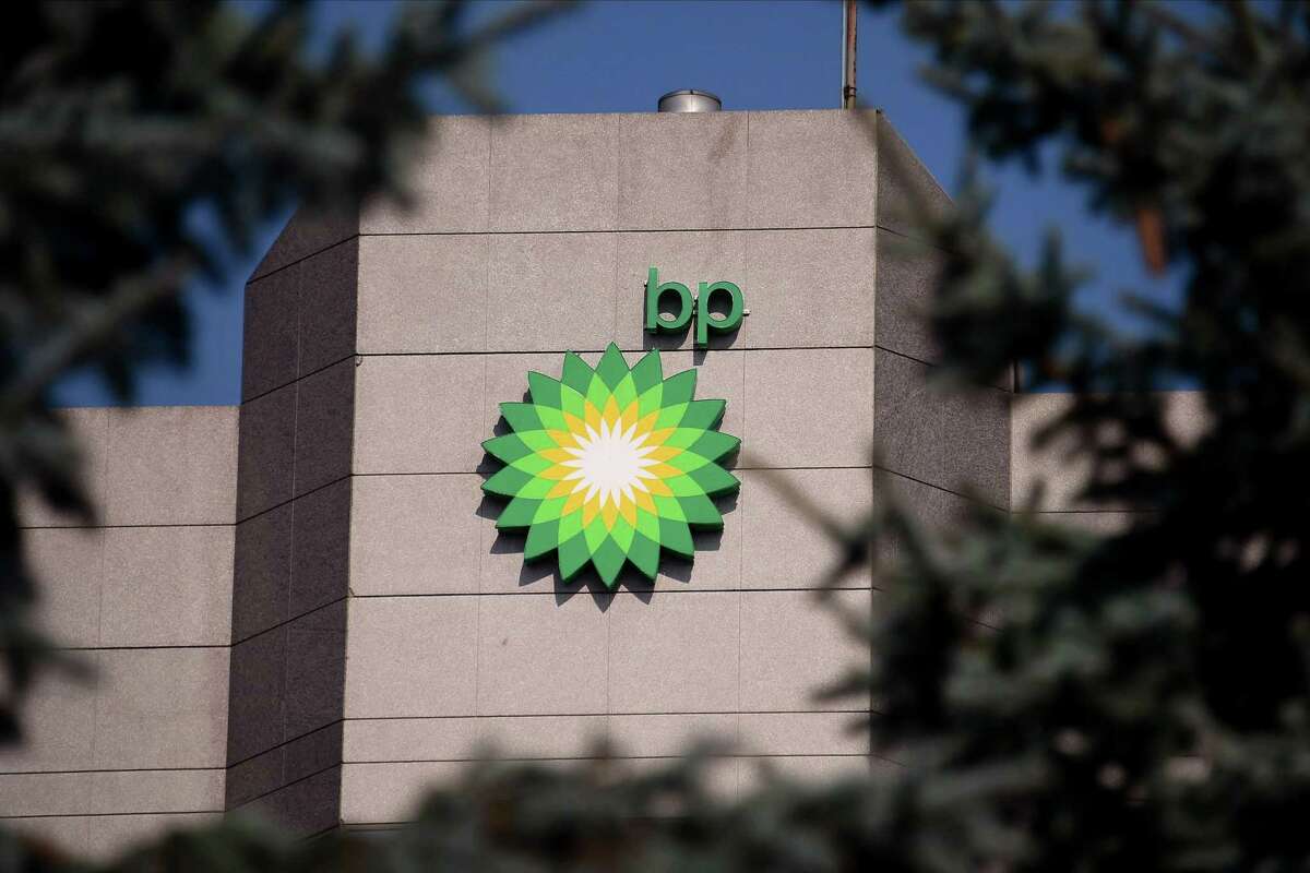 A view of the BP logo near the top of the BP Exploration Alaska headquarters. CEO Bob Dudley has announced he is retiring and Bernard Looney will replace him.