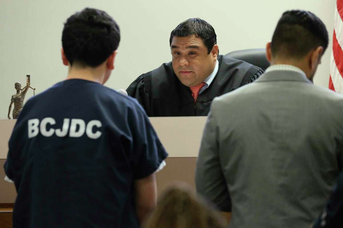 A juvenile murder suspect appears before Bexar County 289th Juvenile District Court Judge Carlos Quezada for a detention hearing, Thursday, Sept. 26, 2019. He is suspected in the murder of his mother, Melissa Stebbins Alvarado, 50. Police responded to a call on Sept. 11 at the 500 block of General Krueger and found Alvarado dead with a gunshot to her head.