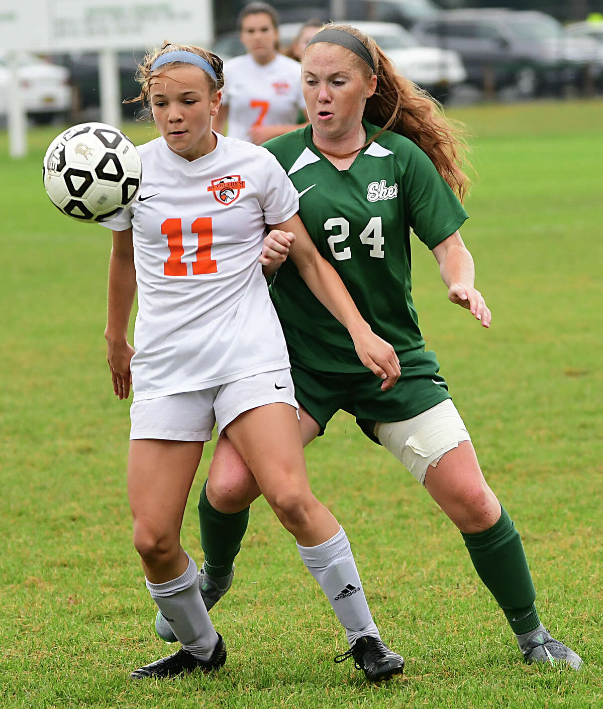 Bethlehem's Claire Hutton, #11, battles for the ball with Shenendehowa's Danielle Casey during a soccer game on Thursday, Sept. 26, 2019 in Clifton Park, N.Y. (Lori Van Buren/Times Union)