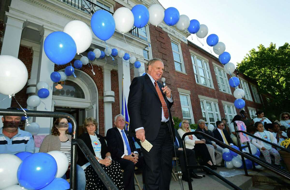 Norwalk Superintendent of Schools SStevenn Adamowski speaks as Tracey Elementary School holds its official Character Education Magnet Kick-Off Celebration on Friday, September 27, 2019, in Norwalk, Conn. The school celebrates not only last year’s accomplishment of becoming a State School of Character, but a National School of Character as well. Tracey will now be known as Tracey Magnet School, a recognized National Blue Ribbon School.