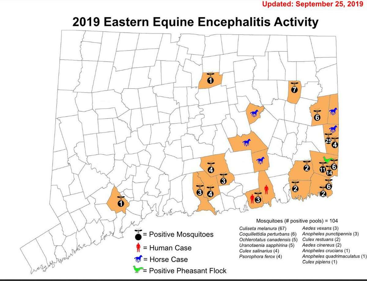 A map of Eastern Equine Encephalitis activity in Connecticut, as of Sept. 25, 2019.