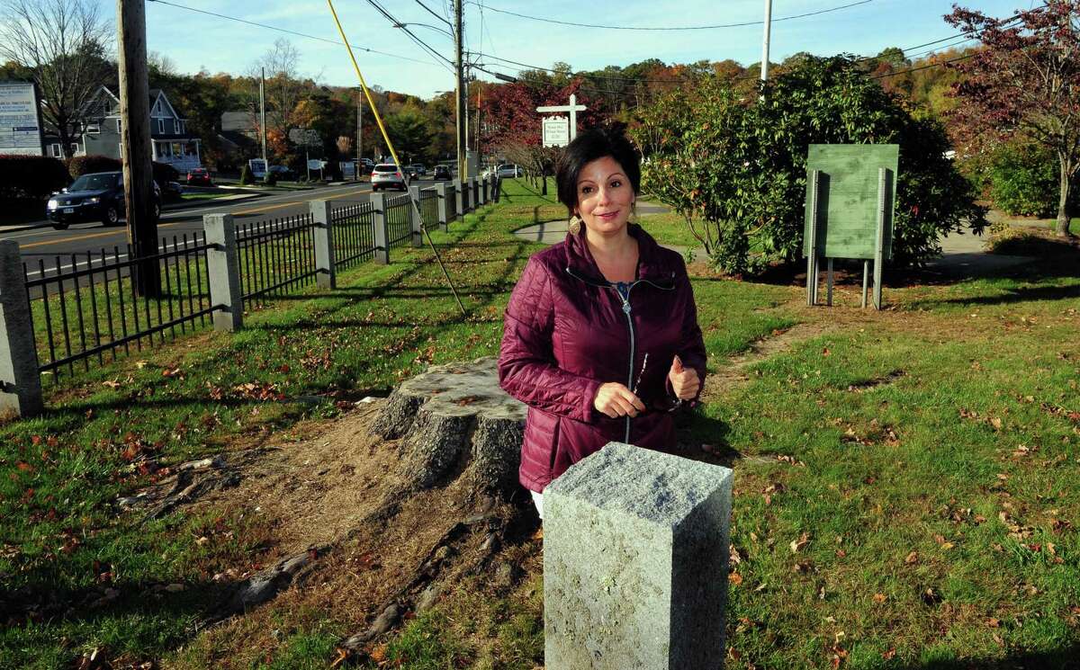 Rina Balakar, Trumbull's Economic and Community Developer, talks about the proposed enhancements to the Long Hill Green in Trumbull, Conn., on Wednesday Oct. 26, 2016.